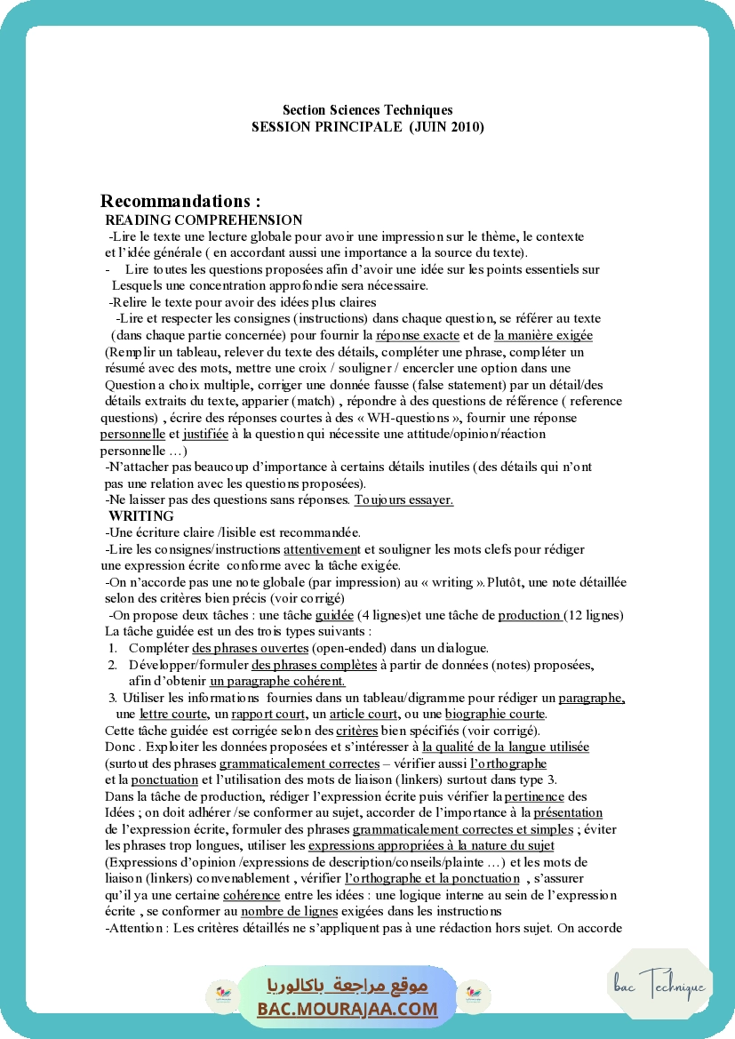 Corrigé principale anglais Bac 2010 – Section technique